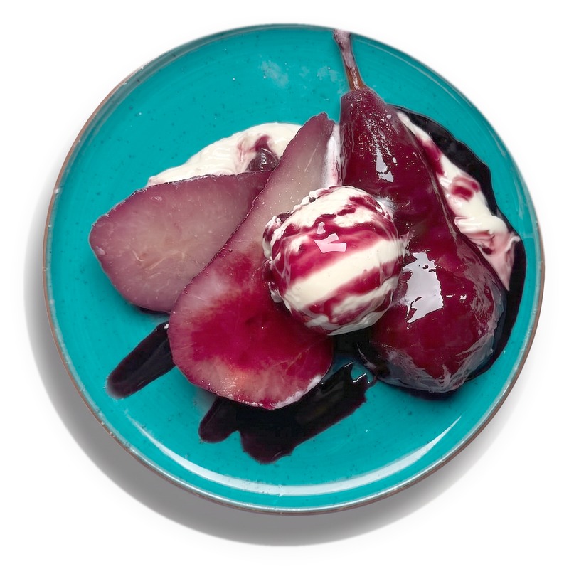 Mokharshuli Mskhali — pear poached in Saperavi red wine sauce with ice cream